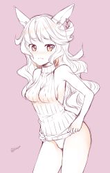 Rule 34 | 10s, 1girl, animal ears, armpits, bare arms, bare shoulders, blush, breasts, closed mouth, cowboy shot, earrings, covered erect nipples, erune, ferry (granblue fantasy), fox ears, frown, granblue fantasy, jewelry, long hair, looking at viewer, monochrome, panties, pink background, pink theme, sakura hanatsumi, sideboob, simple background, solo, standing, sweater vest, thighs, underwear, wavy hair