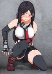 Rule 34 | 1girl, bare shoulders, bike shorts, black gloves, black hair, black skirt, black thighhighs, blush, boots, breasts, brown eyes, clenched teeth, collarbone, crop top, elbow gloves, embarrassed, female focus, final fantasy, final fantasy vii, fingerless gloves, full body, gloves, grey background, half-closed eyes, hand up, highres, indoors, large breasts, long hair, maanii, midriff, miniskirt, nose blush, peeing, peeing self, pleated skirt, puddle, red footwear, shirt, shorts, shorts under skirt, single vambrace, skindentation, skirt, sleeveless, sleeveless shirt, solo, squatting, steam, suspenders, tears, teeth, thighhighs, tifa lockhart, upskirt, vambraces, wet, wet clothes, white shirt