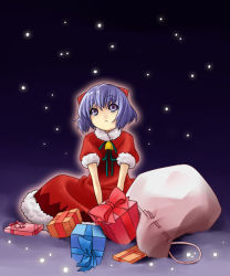 Rule 34 | 1girl, bad id, bad pixiv id, bell, blue eyes, blue hair, christmas, cirno, female focus, gift, irori, matching hair/eyes, outdoors, perfect cherry blossom, santa costume, short hair, sky, snow, solo, touhou