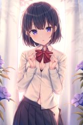 Rule 34 | 1girl, backlighting, black bra, black hair, black skirt, blush, bow, bowtie, bra, breasts, clothes pull, collared shirt, commentary, curtains, dress shirt, flower, hands up, highres, kawami nami, long sleeves, looking at viewer, open clothes, open shirt, original, parted lips, pleated skirt, purple eyes, purple flower, red bow, red bowtie, shirt, short hair, skirt, skirt pull, small breasts, solo, symbol-only commentary, underwear, white shirt