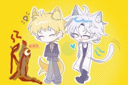 Rule 34 | 2boys, absurdres, animal ear fluff, animal ears, atou haruki, black jacket, black pants, black shirt, blonde hair, brown sweater, cat boy, cat ears, cat tail, cleavage cutout, closed eyes, closed mouth, clothing cutout, commentary request, crossed arms, dlam1, fang, fox boy, fox ears, fox tail, full body, glasses, grey pants, hands in pockets, highres, jacket, kanou aogu, lab coat, long sleeves, male focus, multiple boys, open mouth, pants, ribbed sweater, round eyewear, saibou shinkyoku, shirt, short hair, smile, sweater, tail, turtleneck, turtleneck sweater