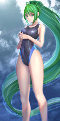 Rule 34 | 1girl, black one-piece swimsuit, blue sky, breasts, cloud, commentary request, commission, competition swimsuit, covered navel, feet out of frame, green eyes, green hair, highleg, highleg swimsuit, highres, long hair, medium breasts, one-piece swimsuit, own hands clasped, own hands together, ponytail, shimaguni yamato, sky, solo, swimsuit, vividgreen, vividred operation