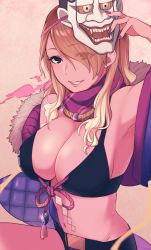 Rule 34 | 1girl, armpits, bare shoulders, belt, bikini, bikini top only, blonde hair, breasts, brown eyes, brown hair, cleavage, eyes visible through hair, gradient hair, hair over one eye, highres, idolmaster, idolmaster shiny colors, izumi mei, jacket, jewelry, large breasts, light smile, long hair, mask, multicolored hair, navel, necklace, noh mask, off shoulder, oni mask, otsuki38, scarf, shide, solo, swimsuit, tan, yin yang