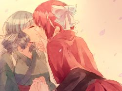 Rule 34 | 2girls, bad id, bad tumblr id, blue hair, blush, bow, cape, closed eyes, commentary request, drill hair, fins, hair bow, hand on another&#039;s chin, head fins, imminent kiss, interlocked fingers, japanese clothes, jewelry, kimono, multiple girls, petals, ppno23, red hair, ring, sekibanki, smile, touhou, towako (10wk0), wakasagihime, wedding band, wife and wife, yuri