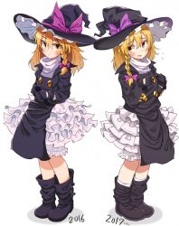 Rule 34 | 2016, 2017, 2boys, adapted costume, black footwear, black gloves, black hat, blonde hair, blush, boots, bow, braid, brown eyes, closed mouth, cookie (touhou), flying sweatdrops, full body, gloves, hair bow, hat, hat bow, hat ribbon, highres, holding, holding microphone, kirisame marisa, long hair, long sleeves, looking at another, looking at viewer, male focus, microphone, multiple boys, pai kebon baa, parted lips, purple bow, purple ribbon, ribbon, socks, touhou, trap, white legwear, witch hat