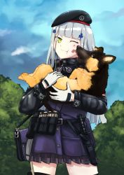 Rule 34 | 1girl, beret, carrying, combat knife, cross, dog, forest, german flag, german shepherd, girls&#039; frontline, green eyes, hat, highres, hk416 (girls&#039; frontline), holstered, iron cross, knife, licking, licking another&#039;s face, magazine (weapon), nature, silver hair, smile, velminth, weapon