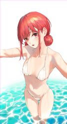Rule 34 | 1girl, :o, absurdres, ao no hako (wsj), bare shoulders, bikini, blush, breasts, chono hina, eyelashes, gluteal fold, halterneck, head tilt, highres, looking at viewer, medium breasts, medium hair, navel, open mouth, outstretched arms, red eyes, red hair, sidelocks, simple background, skindentation, solo, spread arms, standing, stomach, stomach day, string bikini, swimsuit, thigh gap, wading, water, water drop, wet, white background, white bikini, yohwa