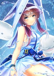 Rule 34 | 1girl, 3 (sanyako1), absurdres, arknights, bad id, bad pixiv id, bow, dolphin, dress, highres, huge filesize, long hair, low twintails, purestream (arknights), sleeveless, sleeveless dress, smile, solo, twintails, visor cap, water, white dress, wristband