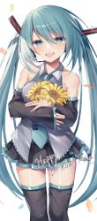 Rule 34 | 11marin, 1girl, absurdres, bare shoulders, black skirt, black sleeves, black thighhighs, blue eyes, blue hair, blue neckwear, breasts, collared shirt, commentary, confetti, dated, detached sleeves, flower, grey shirt, hair between eyes, happy birthday, hatsune miku, highres, holding, holding flower, long hair, long sleeves, medium breasts, pleated skirt, shirt, simple background, skirt, sleeveless, sleeveless shirt, sleeves past wrists, solo, sunflower, thighhighs, tie clip, twintails, very long hair, vocaloid, white background, yellow flower, zettai ryouiki