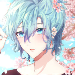 Rule 34 | 1boy, aqua eyes, artist name, blue eyes, blurry, blurry background, cherry blossoms, close-up, commentary request, depth of field, flower, gem, hair between eyes, hair flower, hair ornament, hasu (selisa), highres, holding, holding hair, looking at viewer, male focus, mikaze ai, open mouth, outdoors, parted lips, petals, pink flower, portrait, short hair, solo, spring (season), tree, uta no prince-sama
