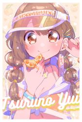 Rule 34 | 1girl, alternate costume, alternate hairstyle, blush, bracelet, breasts, brown hair, character name, choker, cleavage, commentary, dot nose, earrings, food, fruit, fruit background, hair ornament, hairclip, hand up, hat, heart, highres, holding, holding food, holding fruit, jacket, jewelry, looking at viewer, magia record: mahou shoujo madoka magica gaiden, mahou shoujo madoka magica, medium hair, multi-tied hair, nail polish, orange (fruit), orange background, orange choker, orange eyes, orange hat, orange jacket, orange nails, orange slice, outline, paru rari, ring, see-through headwear, single sidelock, smile, solo, star (symbol), star hair ornament, swept bangs, symbol-only commentary, twitter username, visor, white outline, yui tsuruno