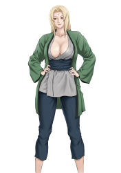 Rule 34 | 1girl, blonde hair, breasts, brown eyes, cleavage, closed mouth, daigo, facial mark, feet out of frame, female focus, forehead mark, hands on own hips, highres, jacket, large breasts, legs, legs apart, long hair, looking at viewer, nail polish, naruto, naruto (series), red nails, simple background, smile, solo, standing, thighs, tsunade (naruto), twintails, white background