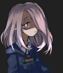 Rule 34 | 1girl, black background, bright pupils, collared shirt, grizzace, hair over one eye, hood, hood down, little witch academia, long hair, looking at viewer, pink hair, red eyes, shirt, solo, sucy manbavaran, white pupils