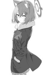 Rule 34 | 1girl, animal ears, blue archive, coat, greyscale, halo, hand in pocket, heterochromia, highres, looking at viewer, monochrome, samess 333, shiroko (blue archive), simple background, skirt, wolf ears, wolf girl
