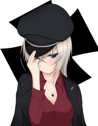 Rule 34 | 1girl, adjusting clothes, adjusting headwear, alternate headwear, black hat, black jacket, blush, breasts, cleavage, closed mouth, commentary request, cross, dress shirt, emblem, eyes visible through hair, frown, girls und panzer, half-closed eyes, hat, highres, iron cross, itsumi erika, jacket, jacket on shoulders, jewelry, kuromorimine military uniform, long hair, long sleeves, looking at viewer, medium breasts, military, military hat, military uniform, nama kn, necklace, peaked cap, red shirt, shirt, solo, uniform, upper body, white background, wing collar