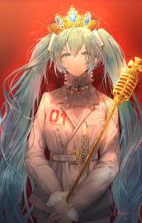 Rule 34 | 1girl, absurdres, alternate costume, aqua eyes, aqua hair, belt, character name, copyright name, crown, gem, half-closed eyes, hatsune miku, highres, hirose (10011), holding, holding scepter, jewelry, long hair, long sleeves, necklace, red background, scepter, signature, solo, very long hair, vocaloid