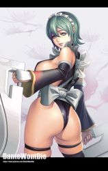 Rule 34 | 1girl, artist name, ass, ass focus, bare shoulders, black sleeves, black thighhighs, breasts, brown eyes, butterfly swords, curvy, dantewontdie, dark green hair, detached sleeves, flower, from behind, green hair, highleg, highleg leotard, highres, holding, holding weapon, huge ass, iroha (samurai spirits), large breasts, leotard, lips, looking at viewer, looking back, maid, maid headdress, parted lips, puffy nipples, samurai spirits, shiny clothes, shiny skin, short hair, sideboob, signature, simple background, snk, solo, standing, thighhighs, thong, thong leotard, weapon, wide hips