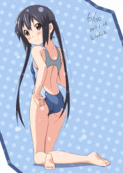 Rule 34 | 1girl, 2011, adjusting clothes, adjusting swimsuit, barefoot, black hair, blush, brown eyes, competition swimsuit, dated, errant, from behind, k-on!, kneeling, long hair, looking back, nakano azusa, one-piece swimsuit, solo, swimsuit, twintails