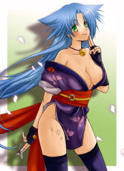 Rule 34 | 1girl, bare shoulders, bell, blue hair, breasts, cleavage, collar, female focus, fingerless gloves, gloves, green eyes, highres, japanese clothes, kimono, large breasts, long hair, looking at viewer, nekosasa, no bra, no panties, rance (series), sengoku rance, short kimono, smile, solo, suzume (rance), thighhighs