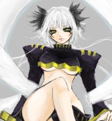 Rule 34 | 1girl, alternate form, alternate hair color, bare legs, blush, breasts, chinese clothes, crop top, female focus, fushoku, houshin engi, large breasts, looking at viewer, midriff, navel, ou kijin, short hair, smile, solo, thong, white hair, yellow eyes