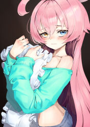 Rule 34 | 1girl, absurdres, ahoge, alternate costume, aqua shirt, ass, blue archive, blue eyes, blue pants, blush, closed mouth, denim, from side, hair between eyes, halo, heterochromia, highres, hoshino (blue archive), long hair, long sleeves, pants, pillow, pink hair, pink halo, rnjs4967, shirt, solo, yellow eyes