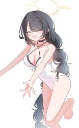 Rule 34 | 1girl, absurdres, barefoot, black hair, blue archive, blush, breasts, cleavage, closed eyes, commentary request, covered navel, halo, highres, hinata (blue archive), hinata (swimsuit) (blue archive), hottore kabitori, long hair, official alternate costume, one-piece swimsuit, open mouth, simple background, swimsuit, very long hair, white background, white one-piece swimsuit, yellow halo