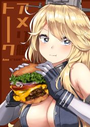 Rule 34 | blonde hair, blue eyes, bread, breasts, eating, fingerless gloves, food, gloves, burger, headgear, highres, holding, holding food, iowa (kancolle), kantai collection, large breasts, lettuce, onion, star-shaped pupils, star (symbol), symbol-shaped pupils, tsurukawasha