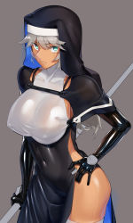 Rule 34 | 1girl, blue eyes, breasts, covered collarbone, covered erect nipples, covered navel, dark-skinned female, dark skin, gloves, habit, highres, impossible clothes, large breasts, latex, latex gloves, looking at viewer, mole, mole under eye, nun, ohlia, original, shiny clothes, side slit, skin tight, solo, staff, thighhighs, white hair