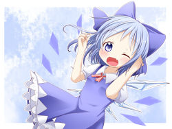 Rule 34 | 1girl, blue dress, blue eyes, blue hair, blush, bow, cirno, dress, fang, hair bow, hand in own hair, highres, looking at viewer, makuran, matching hair/eyes, open mouth, puffy sleeves, shirt, short hair, short sleeves, smile, solo, touhou, wings, wink