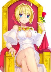 Rule 34 | 10s, 1girl, ahoge, bad id, bad pixiv id, blonde hair, blush, breasts, cleavage, closed mouth, crossed legs, fate/extra, fate/grand order, fate (series), flower, hair ribbon, holding, holding flower, large breasts, looking at viewer, mogullaz, nero claudius (fate), nero claudius (fate) (all), nero claudius (fate/extra), nero claudius (formal dress) (fate), official alternate costume, red ribbon, ribbon, short hair, sideboob, sitting, smile, solo