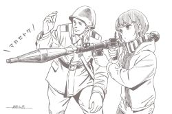 Rule 34 | 1boy, 1girl, aiming, brown theme, character request, closed mouth, dated, gun, hand up, helmet, high-explosive anti-tank (warhead), holding, holding gun, holding weapon, horikou, jacket, long sleeves, man-portable anti-tank systems, manly, military, military jacket, military uniform, monochrome, real life, rocket-propelled grenade, rocket (projectile), rocket launcher, rpg, rpg-7, rpg (weapon), shima rin, short hair, signature, simple background, soldier, soviet, soviet army, uniform, weapon, white background, yurucamp