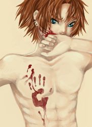 Rule 34 | 1boy, abs, blood, blue eyes, brown hair, covering privates, handprint, male focus, nude, nude cover, pectorals, solo