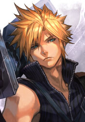 Rule 34 | 1boy, armor, blonde hair, blue eyes, closed mouth, cloud strife, earrings, final fantasy, final fantasy vii, final fantasy vii advent children, fusion swords, high collar, hungry clicker, jewelry, looking at viewer, male focus, over shoulder, ribbed shirt, shirt, short hair, shoulder armor, shoulder belt, single bare shoulder, single earring, sleeveless, sleeveless shirt, solo, spiked hair, square enix, sword, sword over shoulder, upper body, weapon, weapon over shoulder