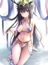 Rule 34 | 1girl, absurdres, bare arms, bare shoulders, beads, black hair, blue eyes, breasts, collarbone, dancer, flower, hair flower, hair ornament, halterneck, head wreath, highres, holding, holding own hair, horns, jewelry, kurohikage, large breasts, long hair, looking at viewer, navel, original, pelvic curtain, revealing clothes, sandals, sidelocks, smile, solo, stomach, thighs, very long hair
