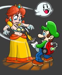 Rule 34 | 1boy, 1girl, blue eyes, blush, boo (mario), bra, breasts, brown hair, cleavage, crown, dress, earrings, embarrassed, floating, gloves, grin, hat, jewelry, luigi, luigi&#039;s mansion, luigi&#039;s mansion 3, mario (series), medium breasts, navel, nintendo, open mouth, peepingtoad, poltergust 5000, princess daisy, puffy short sleeves, puffy sleeves, short sleeves, smile, standing, super mario land, tomboy, torn clothes, torn dress, underwear, vacuum cleaner, wardrobe malfunction