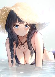 Rule 34 | 1girl, arm support, bad id, bad pixiv id, bare shoulders, bikini, black bikini, black hair, black ribbon, blue eyes, blush, braid, breasts, cleavage, closed mouth, collarbone, commentary request, dodon gadon, hair ornament, hairclip, hat, highres, long hair, looking at viewer, medium breasts, nijisanji, partially submerged, ribbon, solo, straw hat, swimsuit, tsukino mito, twin braids, virtual youtuber, water, yellow hat