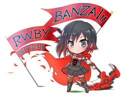 Rule 34 | 1girl, banner, belt, black hair, boots, cape, chibi, commentary request, crescent rose, english text, iesupa, multicolored hair, pantyhose, petals, red hair, ruby rose, rwby, scythe, grey eyes, solo, thighhighs, torn clothes, torn legwear