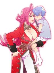 Rule 34 | 10s, 1boy, 1girl, age difference, ahoge, blue eyes, blush, breasts, carrying, child, cleavage, fate/extra, fate (series), francis drake (fate), large breasts, lips, long hair, matou shinji, no shoes, pink hair, scar, short hair, short shorts, shorts, smile, socks, wavy hair, white legwear, aged down