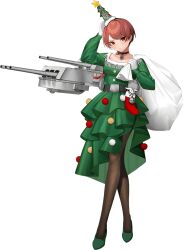 Rule 34 | 1girl, braid, breasts, christmas, christmas tree costume, christmas tree hat, dress, full body, green dress, hoshiakari (c2 kikan), kantai collection, large breasts, long hair, looking at viewer, nevada (kancolle), official art, pantyhose, red eyes, red hair, sack, solo, transparent background, turret