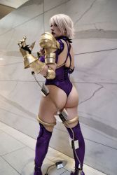 Rule 34 | 1girl, absurdres, ass, bellechere, cosplay, highres, huge ass, isabella valentine, isabella valentine (cosplay), namco, photo (medium), solo, soul calibur, soulcalibur, soulcalibur ii, thick thighs, thighhighs, thighs, weapon, whip sword, white hair
