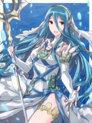 Rule 34 | 1girl, aiueo1234853, azura (fire emblem), bad id, bad twitter id, blue background, blue hair, dress, elbow gloves, fingerless gloves, fire emblem, fire emblem fates, gloves, hair between eyes, holding, holding spear, holding weapon, jewelry, long hair, necklace, nintendo, open mouth, polearm, simple background, solo, spear, veil, weapon, white dress, yellow eyes