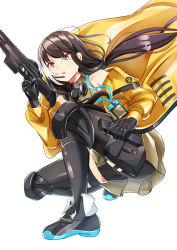 Rule 34 | 1girl, absurdres, bare shoulders, black gloves, black hair, black legwear, colt 9mm smg, commentary request, full body, gas mask, girls&#039; frontline, gloves, gun, headset, heterochromia, highres, holding, holding gun, holding magazine (weapon), holding weapon, jacket, knee pads, long hair, looking ahead, magazine (weapon), mask, mod3 (girls&#039; frontline), multicolored hair, mutugorou u, open clothes, open jacket, open mouth, red eyes, ro635 (girls&#039; frontline), ro635 (mod3) (girls&#039; frontline), simple background, skirt, solo, squatting, streaked hair, submachine gun, twintails, weapon, white background, white hair, yellow eyes, yellow jacket