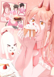Rule 34 | 5girls, absurdres, alternate hairstyle, animal ears, bad id, bad pixiv id, black hair, cake, cat, cat ears, chainsaw man, choker, cleavage cutout, clothing cutout, collared shirt, cream, cream on face, cross-shaped pupils, cupcake, dress, eyepatch, fake animal ears, food, food on face, frilled sleeves, frills, fruit, hair ornament, hairclip, heart cutout, higashiyama kobeni, highres, himeno (chainsaw man), holding, holding food, horns, leaning forward, long hair, looking at object, looking at viewer, looking to the side, maid, makima (chainsaw man), medium hair, meowy (chainsaw man), multiple girls, open mouth, pink background, pink dress, pink hair, pink theme, power (chainsaw man), red hair, red horns, reze (chainsaw man), ringed eyes, sharp teeth, shirt, short hair, short twintails, simple background, single sidelock, strawberry, sweat, swept bangs, symbol-shaped pupils, teeth, toukaairab, twintails, white cat, yellow eyes