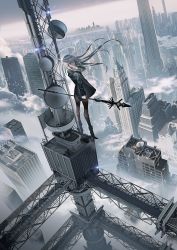 Rule 34 | 1girl, animal, bird, black footwear, black jacket, blue eyes, boots, brown pantyhose, building, cityscape, cloud, commentary, floating hair, from behind, grey hair, hair between eyes, halo, hand up, highres, holding, holding polearm, holding spear, holding weapon, hood, hood down, hooded jacket, jacket, long hair, long sleeves, looking at viewer, looking back, open clothes, open jacket, original, outdoors, pantyhose, polearm, radio tower, resolution mismatch, scenery, sky, skyscraper, solo, source larger, spear, standing, swav, very long hair, weapon