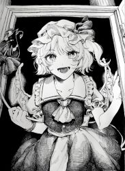 Rule 34 | 1girl, :d, ascot, collarbone, cowboy shot, crystal, doorway, fang, flandre scarlet, frilled shirt collar, frills, greyscale, hands up, hat, hat ribbon, holding, holding polearm, holding weapon, laevatein (touhou), laspberry., looking at viewer, lower teeth only, mob cap, monochrome, one side up, open mouth, polearm, ribbon, short hair, skirt, smile, solo, teeth, touhou, vest, weapon, wings