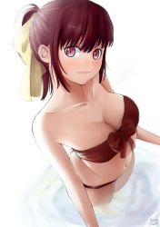 Rule 34 | 1girl, 2018, bikini, blush, breasts, cleavage, collarbone, dated, from above, hair between eyes, hair ribbon, head tilt, looking at viewer, medium breasts, navel, original, ponytail, red bikini, red eyes, red hair, ribbon, short hair, signature, simple background, solo, standing, strapless, strapless bikini, swimsuit, viktorf, wading, white background, yellow ribbon