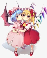 Rule 34 | 2girls, absurdres, ascot, bat wings, blonde hair, blue hair, blush, bobby socks, bow, brooch, cheek-to-cheek, commentary request, crystal, flandre scarlet, full body, grey background, hand on another&#039;s waist, hand on own hip, hat, hat bow, heads together, highres, jewelry, long hair, mary janes, medium hair, mob cap, multiple girls, one side up, pink headwear, pink legwear, pink shirt, pink skirt, red ascot, red bow, red eyes, red footwear, red skirt, remilia scarlet, ruhika, shirt, shoes, siblings, sisters, skirt, bow legwear, socks, touhou, white headwear, white shirt, white socks, wings, wrist cuffs, yellow ascot
