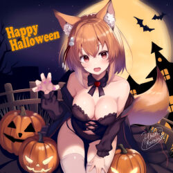 Rule 34 | 1girl, animal ear fluff, animal ears, bat (animal), blush, bow choker, breasts, choker, claw pose, cleavage, corset, fence, fox ears, fox girl, fox tail, full moon, hair ornament, halloween, hand on own thigh, happy halloween, highres, himura moritaka, jack-o&#039;-lantern, jacket, large breasts, looking at viewer, moon, nail polish, night, night sky, off shoulder, open mouth, orange hair, original, panties, pom pom (clothes), pom pom hair ornament, pumpkin, red eyes, short hair, signature, sitting, sky, smile, solo, tail, thighhighs, underwear