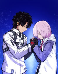 Rule 34 | 1boy, 1girl, black dress, black gloves, black hair, buttons, closed mouth, collared dress, command spell, commentary request, dress, closed eyes, fate/grand order, fate (series), fujimaru ritsuka (male), fujimaru ritsuka (male) (decisive battle chaldea uniform), gloves, grey sleeves, height difference, highres, holding, holding hands, hood, hood down, hooded jacket, jacket, light purple hair, long sleeves, lostbelt op2 uniform, makka na kedamono, mash kyrielight, necktie, official alternate costume, open clothes, open jacket, red necktie, short hair, smile, uniform, upper body, white jacket