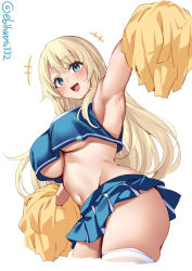 Rule 34 | 1girl, alternate costume, arm up, armpits, atago (kancolle), blonde hair, blue eyes, blush, breasts, cropped legs, ebifurya, highres, kantai collection, large breasts, long hair, looking at viewer, midriff, navel, one-hour drawing challenge, open mouth, pom pom (cheerleading), sideboob, simple background, solo, twitter username, underboob, white background